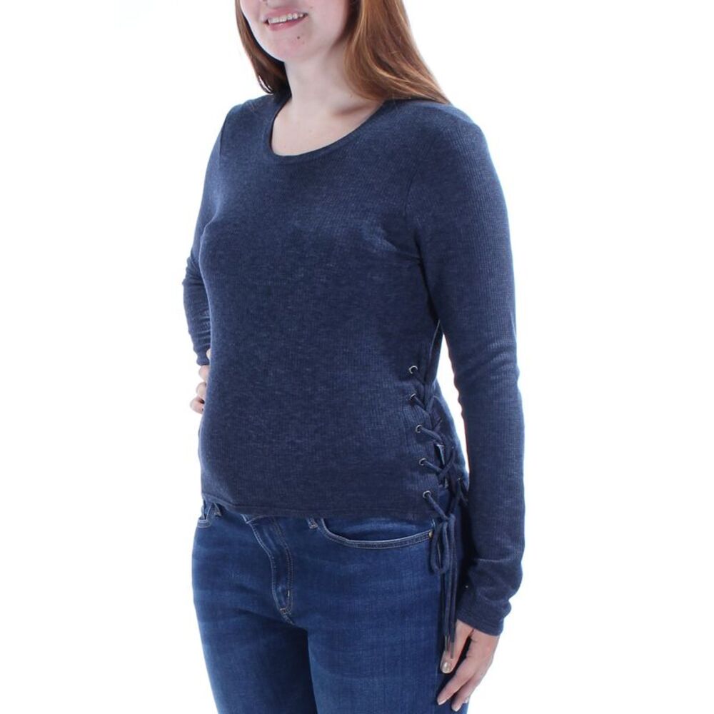 CHELSEA SKY Womens Navy Tie Long Sleeve Jewel Neck Top Size: L